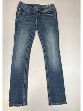 Miss Me Women 28x33.5 Signature Straight Jeans Blue Medium Wash Embroidered